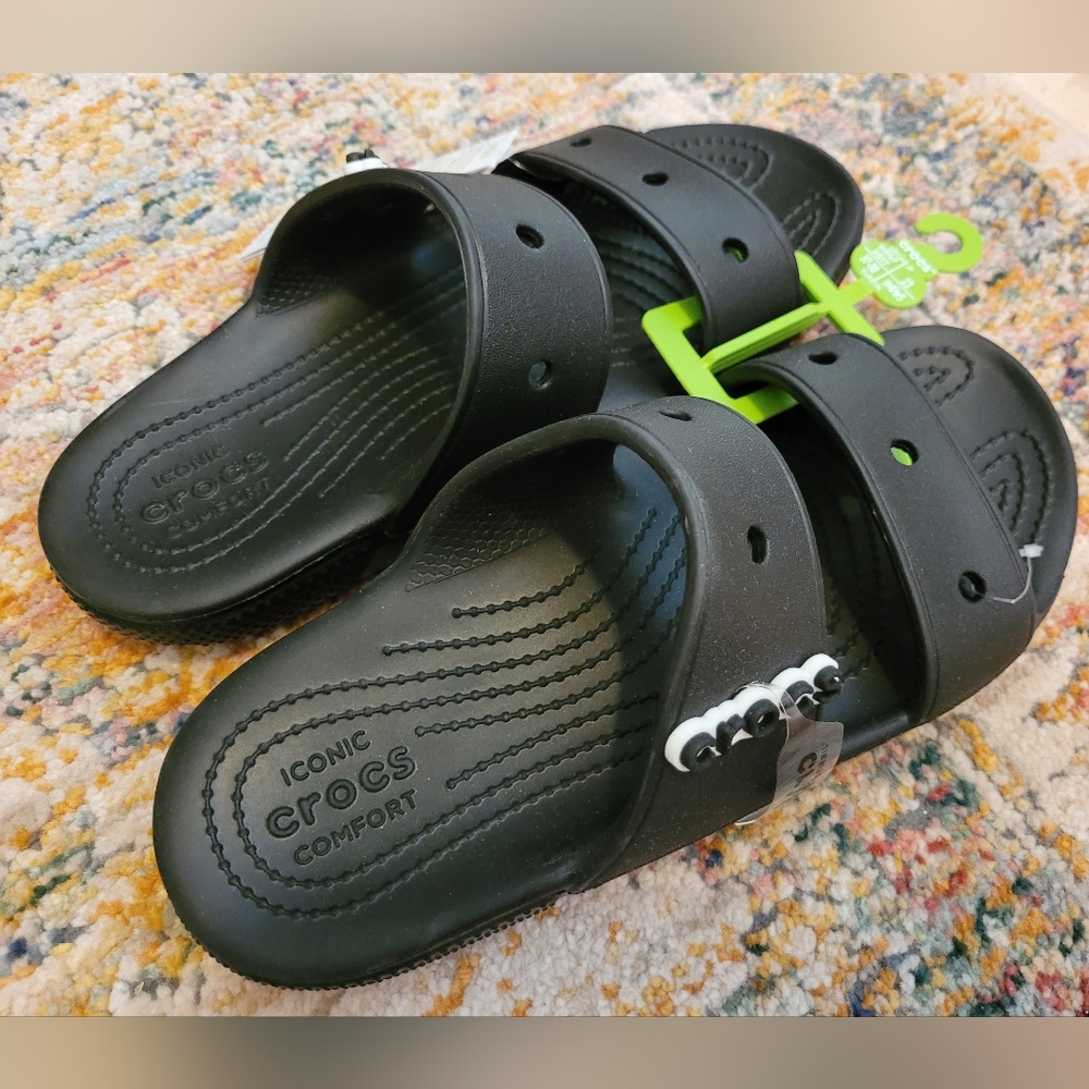 CROCS Classic Two Strap sandals Slides SHOE BLACK WOMENS 7 Mens 5 NWT New